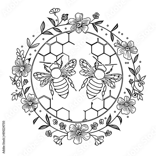 This vibrant illustration features a honey jar encircled by a floral garland, with two bees on a honeycomb, emphasizing natural and artisanal themes.