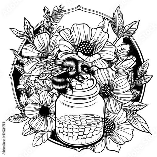 This vibrant illustration features a honey jar encircled by a floral garland, with a bee on a honeycomb, emphasizing natural and artisanal themes.
