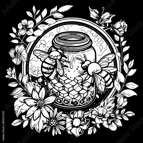 This vibrant illustration features a honey jar encircled by a floral garland, with two bees on a honeycomb, emphasizing natural and artisanal themes.