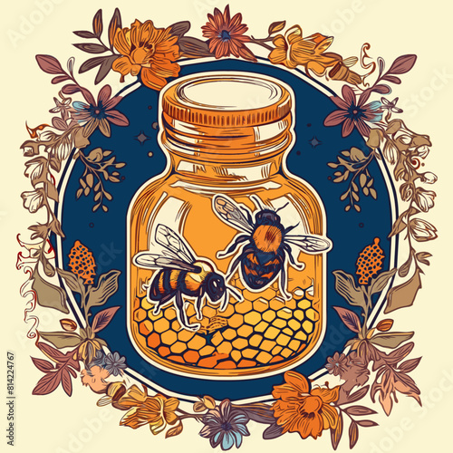 This vibrant illustration features a honey jar encircled by a floral garland, with two bees on a honeycomb, emphasizing natural and artisanal themes.