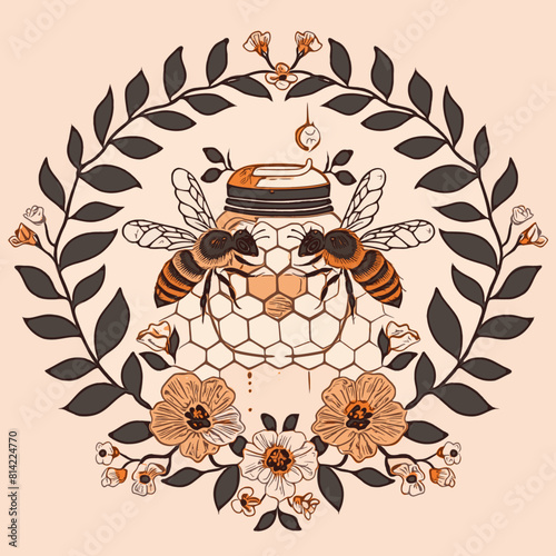 This vibrant illustration features a honey jar encircled by a floral garland, with two bees on a honeycomb, emphasizing natural and artisanal themes.