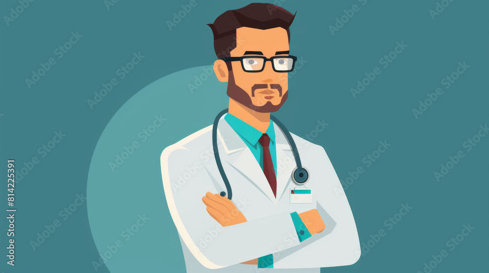 Flat design illustration of a male doctor with glasses, wearing a lab coat and stethoscope, arms crossed. Flat design illustration of a male doctor with glasses, wearing a lab coat and stethoscope, arms crossed.