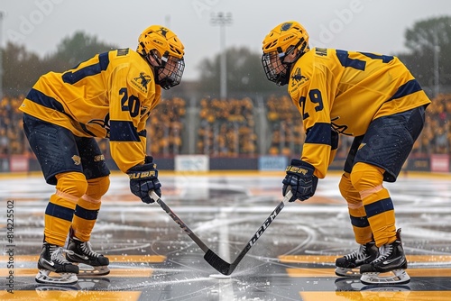 Two Young Men Playing Ice Hockey on an Ice Rink photo