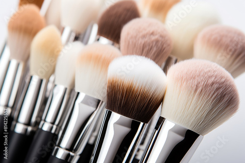 High-quality makeup brushes with bristles and powder on a white background