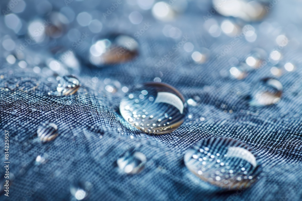 Fototapeta premium A close up of a blue fabric with water droplets on it. The droplets are small and clear, and they are scattered all over the fabric. Concept of calmness and tranquility