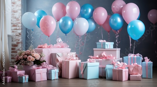 Blue and pink balloons and gift boxes at a party. Baby gender reveal concept. Boy or girl.