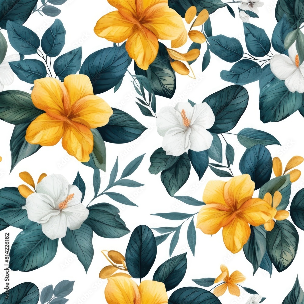Fototapeta premium Botanical pattern with yellow and white hibiscus flowers and leaves on white background 1:1