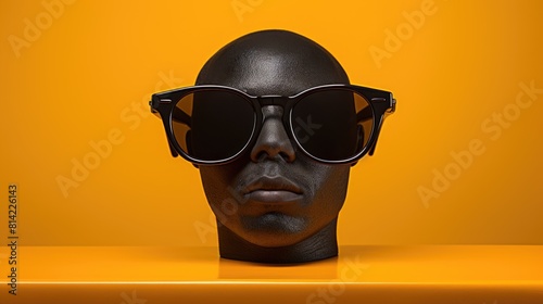 A mannequin of a black male head with black glasses on orange background