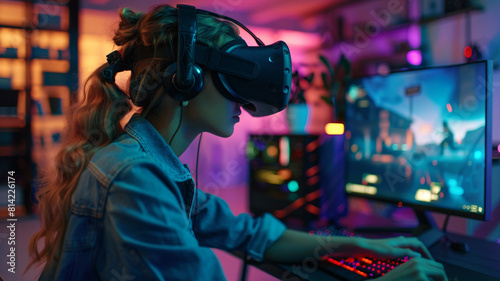 women Pro cyber sport gamer relaxing playing video games using vr headset late night. esports player performing on pc during gaming tournament.