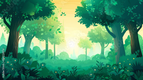 Illustration of a tranquil forest scene with dappled sunlight  trees  and lush greenery.