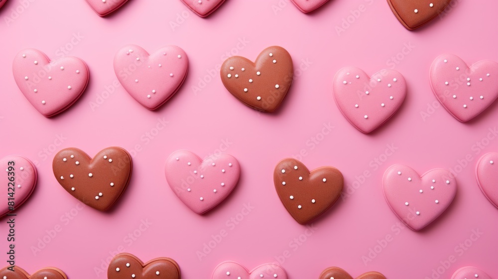 Pink heart shaped cookies on pink background, top view. Valentine's day concept
