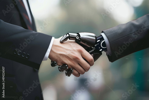 Close-up of a handshake between a human and an advanced robot, illustrating ai collaboration