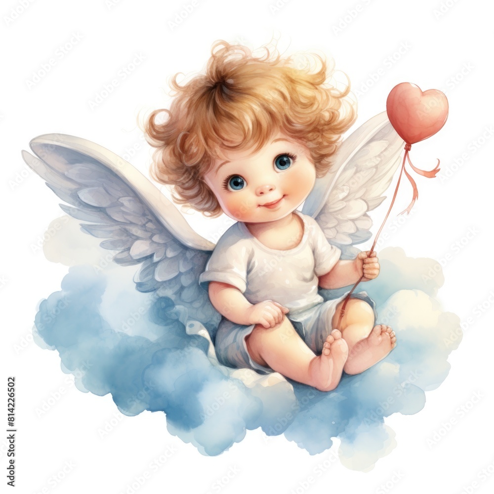 Cute little cartoon kind cupid with wings sitting on a cloud with a heart against a white background. Watercolor illustration for a children's book Cute little cartoon kind cupid with wings sitting on a cloud with a heart against a white background. Watercolor illustration for a children's book