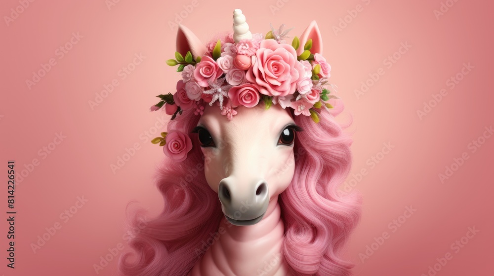 Unicorn head with pink hair and a flower crown on pink background 