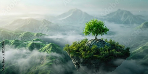 Fantasy landscape with green tree on top of mountain. Eco friendly concept 