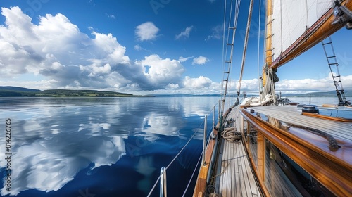 Sloop rigged modern yacht with wooden teak deck sail in sea