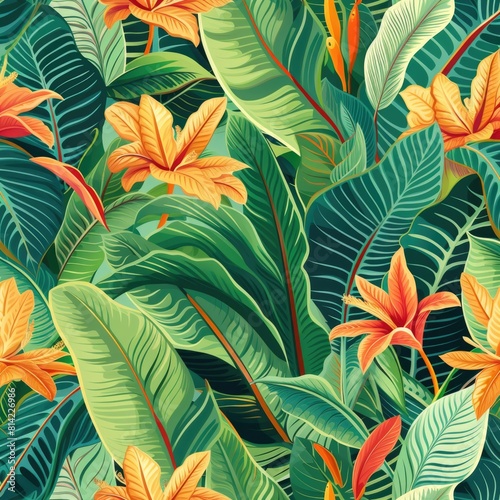 Exotic botanical pattern with tropical leaves and flowers. Floral background 1:1