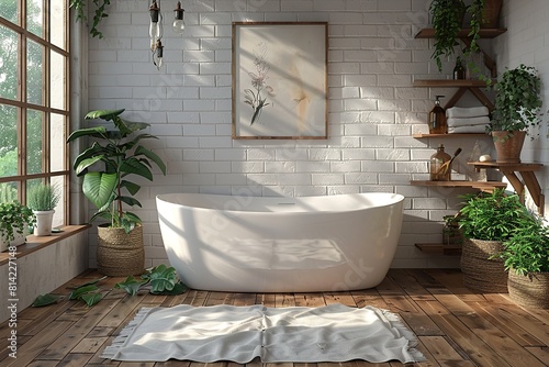 Modern bathroom interior with bathtub and framed poster  surrounded by green plants  under natural light.