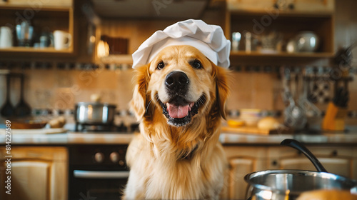 Cute golden retriever dog in chef's hat and apron in the kitchen