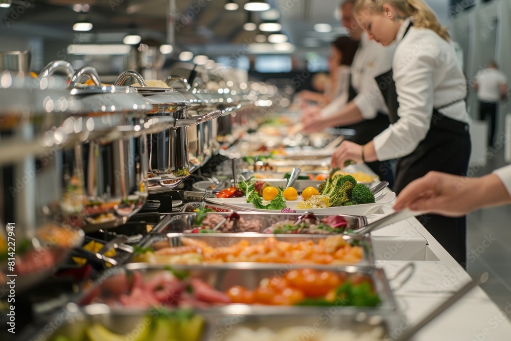 Group of people on catering buffet food indoor generative ai Group of people on catering buffet food indoor generative ai