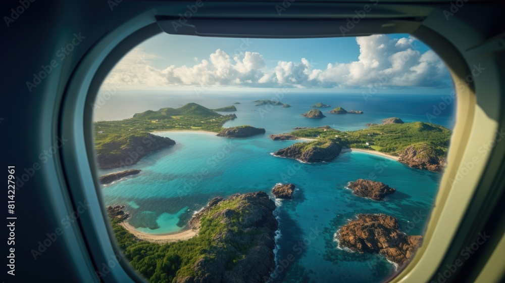 View of the island in the ocean from the aircraft window from the inside of the aircraft cabin from the passenger seat. Vacation concept