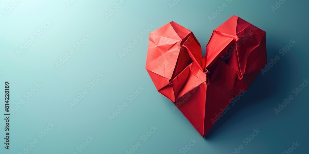 Ped paper origami heart against homogeneous blue background Ped paper origami heart against homogeneous blue background