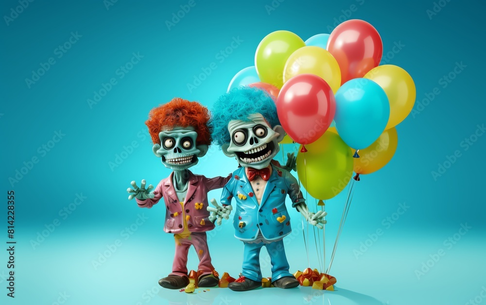 Fototapeta premium Two funny cartoon zombies in suits holding hands with red, yellow, green and blue balloons