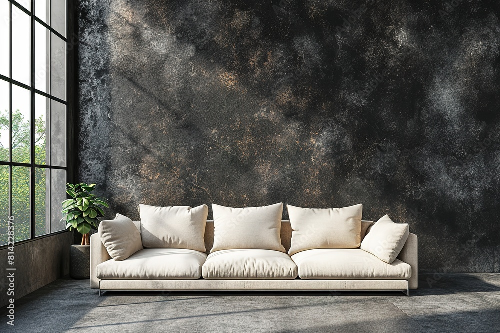 room interior in fusion style with panoramic windows, concrete walls and white sofa with green plants. Play of light and shadow room interior in fusion style with panoramic windows, concrete walls and white sofa with green plants. Play of light and shadow