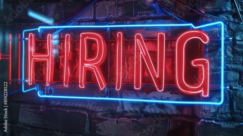 Big Bold Neon Graphic that reads "HIRING NOW". Red, White and Blue Neon. Full screen graphic. Close-up view.