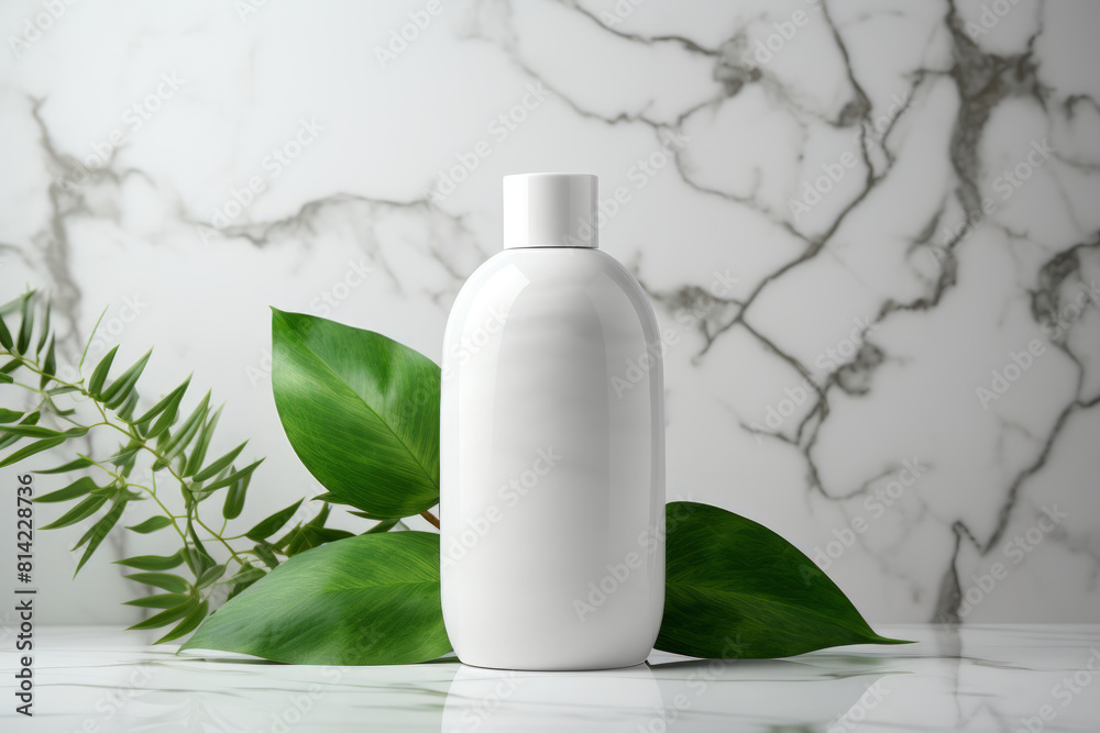 Blank white bottle with green leaves on soft green background Blank white bottle with green leaves on soft green background