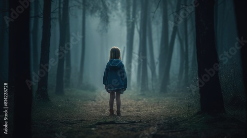 Child lost in a dark forest. Created with generative AI.