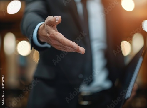 Businessman holding a file and reaching out to offer a handshake in the office  closeup of hand with a business feel  blurred background.