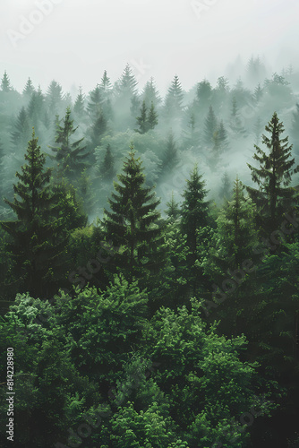 Pine trees forest with mist , nature vintage poster background.