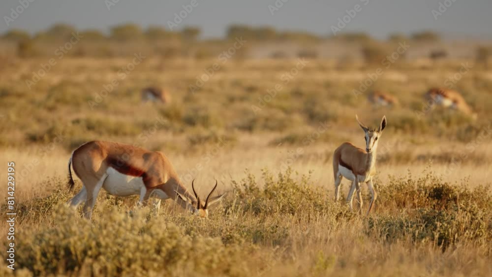 Impala mother and baby breeding in savannah, Namibia. Springbok Antelopes in Savannah During Sunny Day At Central Kalahari Game Reserve In Botswana. Wild mammal animals Africa concept. Safari tourism Impala mother and baby breeding in savannah, Namibia. Springbok Antelopes in Savannah During Sunny Day At Central Kalahari Game Reserve In Botswana. Wild mammal animals Africa concept. Safari tourism