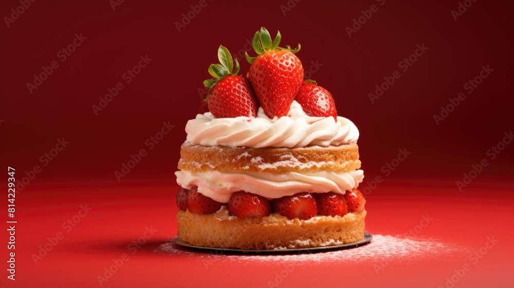 Strawberry small cake with whipped cream and fresh strawberries on red background Strawberry small cake with whipped cream and fresh strawberries on red background