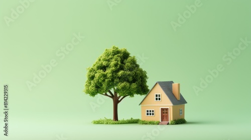 Small toy wooden house and small tree on pastel green background. Rent and purchase of real estate concept	
