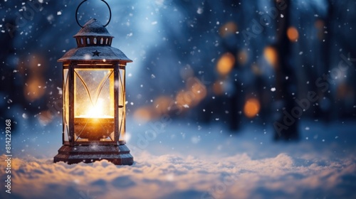Street lantern shines at night and there is a snowfall beautiful light festive atmosphere. Chtistmas mood
