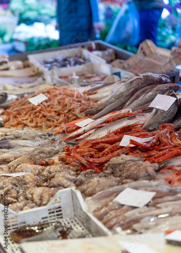 Selling Fresh Seafood at Market in Sicily Italy