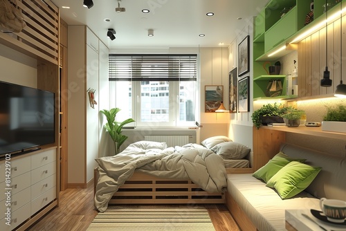 Modern small studio interior with green details,