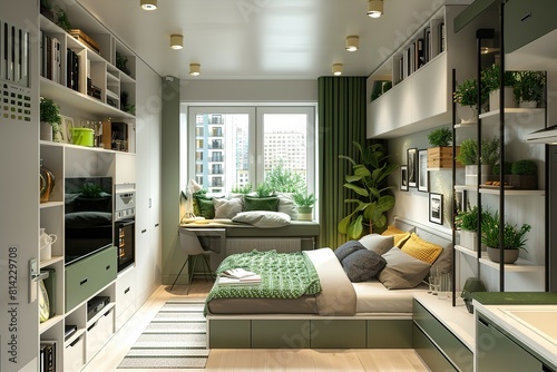 Modern small studio interior with green details