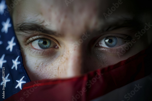 Closeup of Young Man with American Flag Across His Face - United States Political Concept