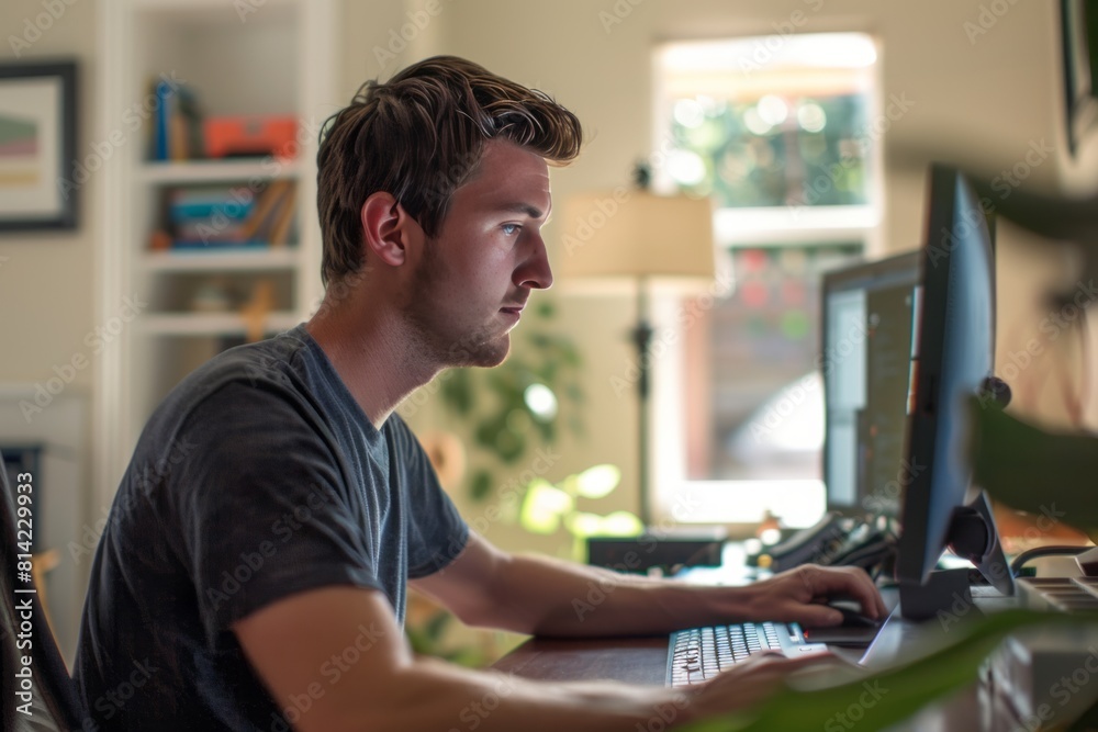 Male Software Engineer Fully Engaged in Computer Work From Home Generative AI Male Software Engineer Fully Engaged in Computer Work From Home Generative AI