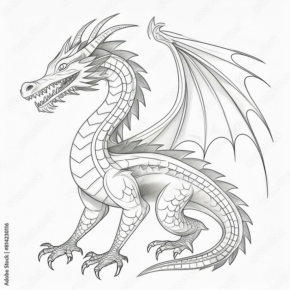 A drawing of a dragon in black and white. A drawing of a dragon in black and white.