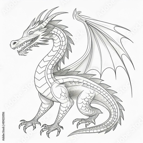 A drawing of a dragon in black and white.