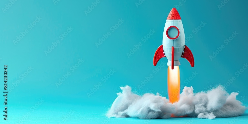 Toy rocket takes spewing smoke on a blue background the symbol for success is startup education and knowledge Toy rocket takes spewing smoke on a blue background the symbol for success is startup education and knowledge
