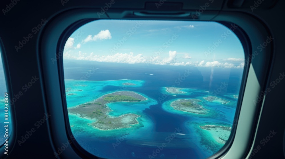 Naklejka premium View of the island in the ocean from the aircraft window from the inside of the aircraft cabin from the passenger seat. Vacation concept
