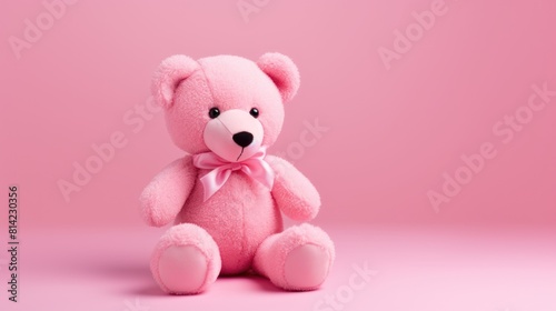 Toy plush pink bear with a silk bow on pink background with copy space