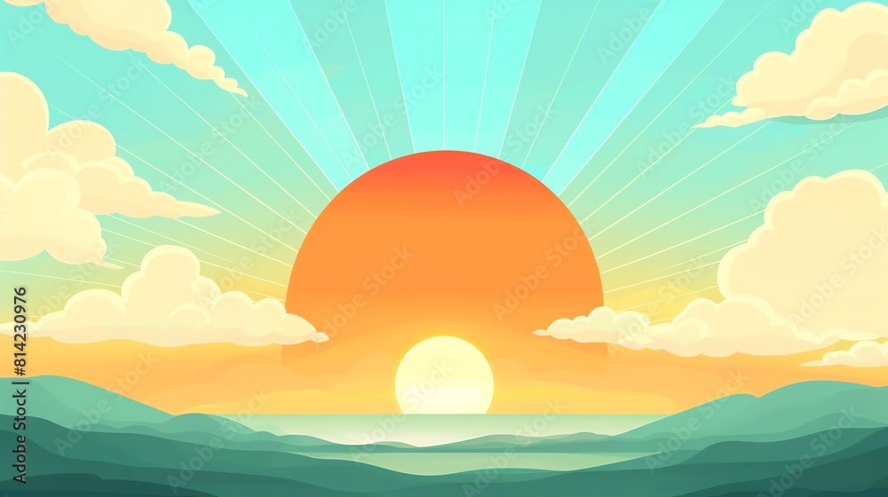 Midday sun flat design front view, bright day theme, animation, vivid