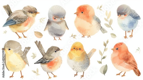 Watercolor set of different small cute birds on a white background photo