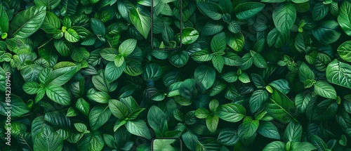 Capture the sleek lines of futuristic tech gadgets nestled within lush, green foliage from a high-angle view Enhance the contrast between sharp, digital edges and organic textures